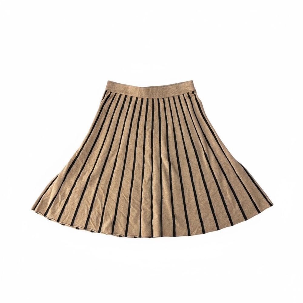 Pure Collection Tan Charcoal Striped A-Line Lambswool Cashmere Skirt NWT Medium